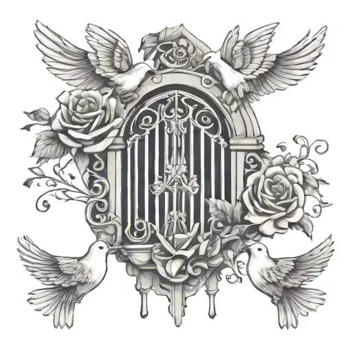 roses doves flames and gates doves flying tattoo design idea