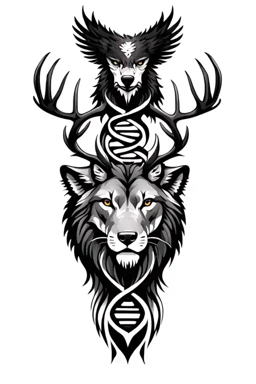 tribal design consisting of side profiles Sambar deer, eagle, wolf and lion with a dna helix.  tattoo design idea
