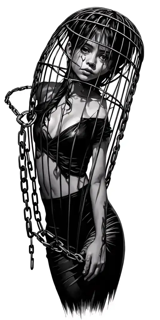 girl in a cage with chains breaking free from abuse turning into from a girl into a beautiful stronger powerfull lady wi tattoo design idea