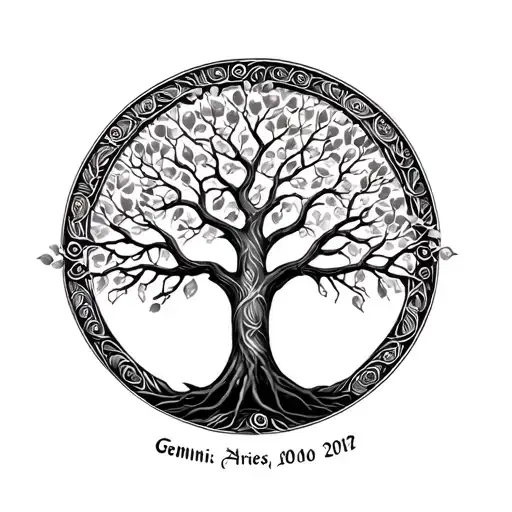 tree of life with Gemini and Aries with wife's name and wedding date tattoo design idea