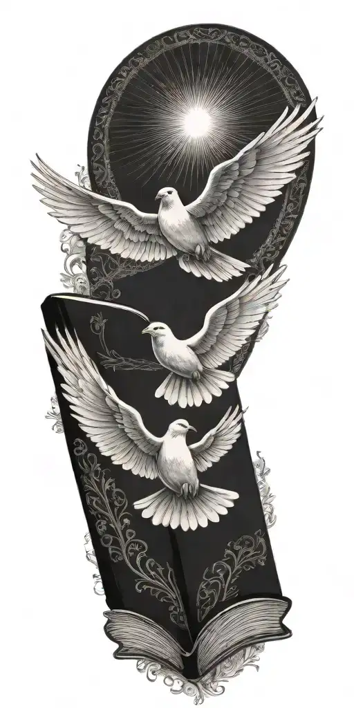 A symbolic tattoo of the Holy Spirit represented as a dove flying out of an open Bible, with rays of light shining through the pages tattoo design idea