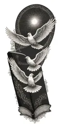 A symbolic tattoo of the Holy Spirit represented as a dove flying out of an open Bible, with rays of light shining through the pages tattoo design idea