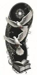 A symbolic tattoo of the Holy Spirit represented as a dove flying out of an open Bible, with rays of light shining through the pages tattoo design idea