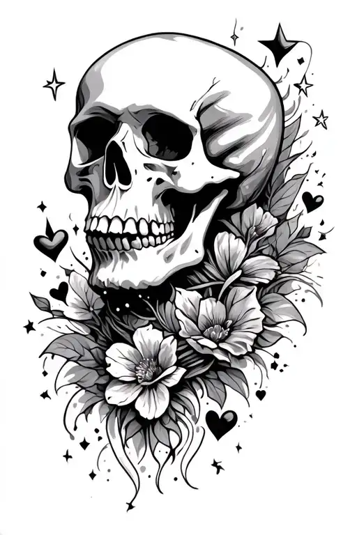 stars skull and hearts one soul tattoo design idea