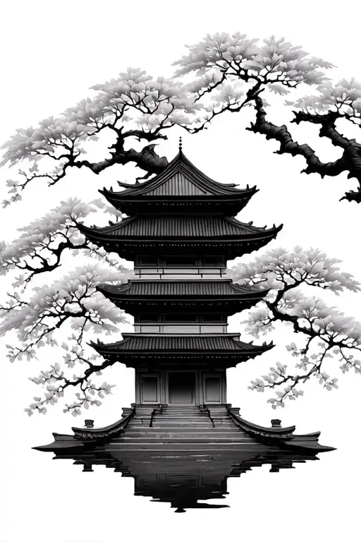 asian temple with automnal tree branches and cherry flowers tattoo design idea