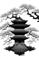 asian temple with automnal tree branches and cherry flowers tattoo design idea