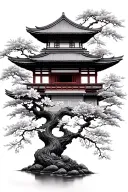 asian temple with automnal tree branches and cherry flowers tattoo design idea