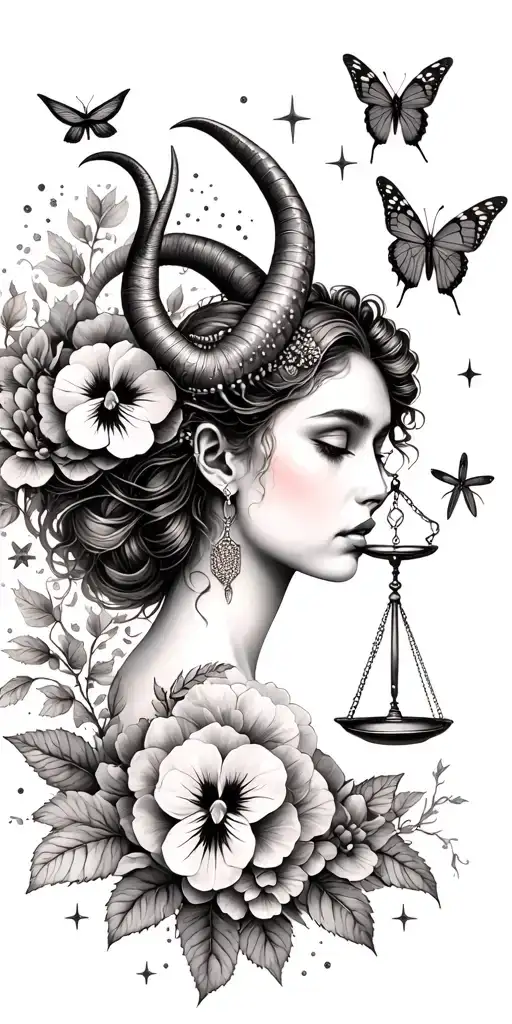 Capricorn woman with horns, LIBRA SCALES, pansy flower, butterfly, dragon flies, large beetle, hydrangea petals, stars tattoo design idea