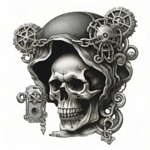 law of attraction skull with lock in forehead and key  tattoo design idea