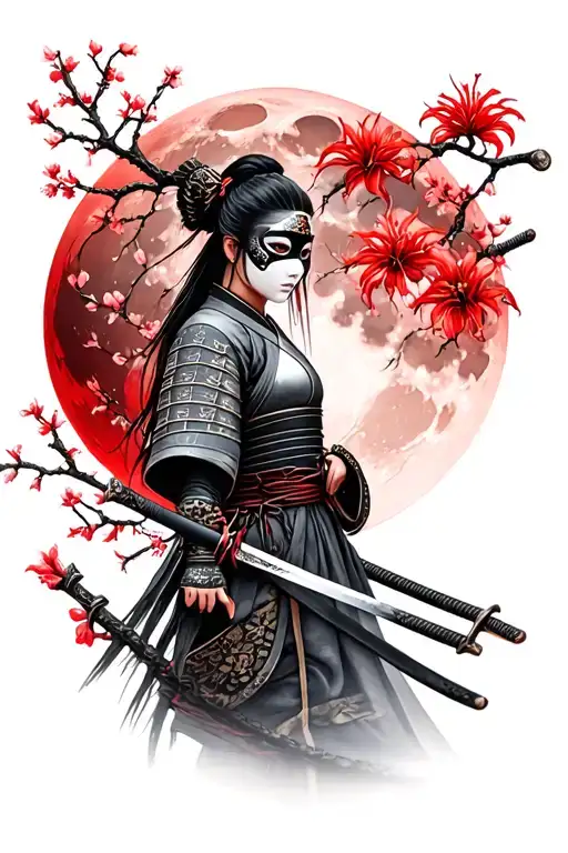 Samurai woman with mask, a Katana Sword, a Lycoris flower, a red moon and a branch of Japanese cherry tree tattoo design idea