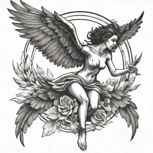 memento vivere woman with raven wings flying away Icarus symbol tattoo design idea