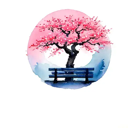 Japan bench and cherry tree in a circle tattoo design idea