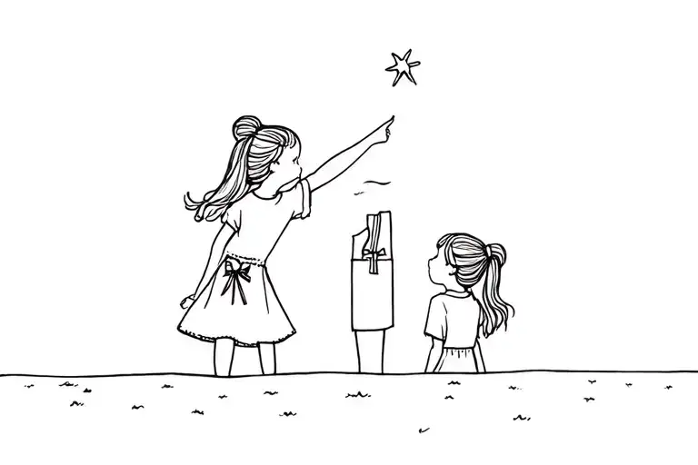 2 little girl looking at the sky, the big sister is wearing a top with a ribbon while pointing something at the sky,  tattoo design idea