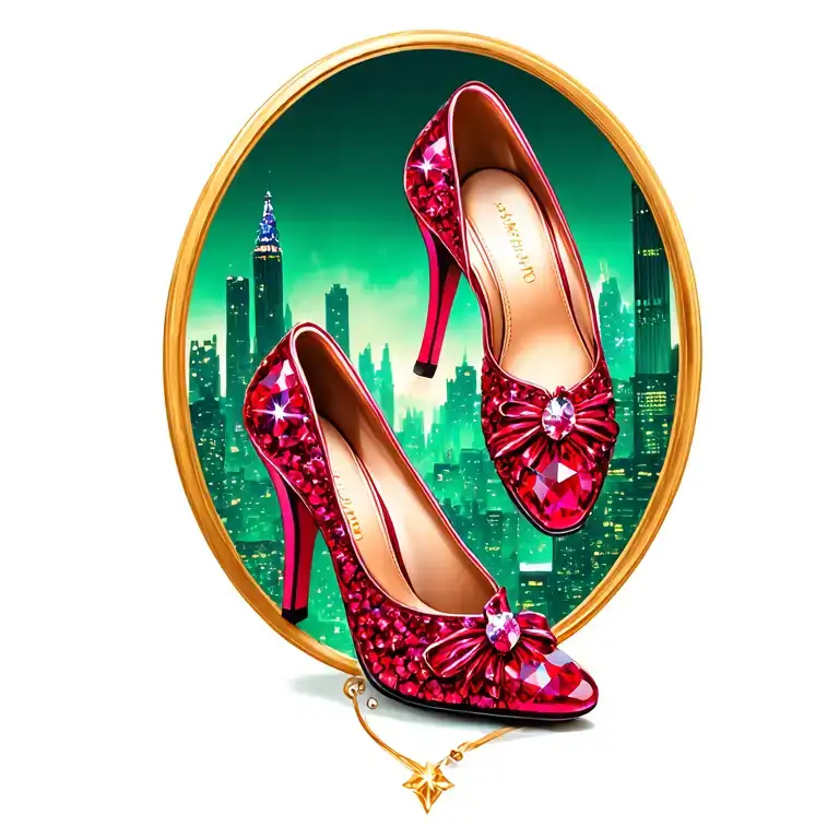 two sparkling ruby slippers with no heel with emerald city in the background tattoo design idea