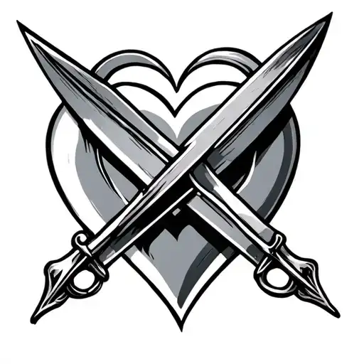 Curved dagger crossing 3 hearts horizontally tattoo design idea