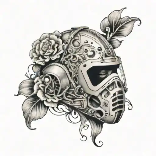 A goalie mask with delicate flower details and petals swirling around it tattoo design idea