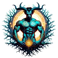 sexy gay male horned satyr with massive bodybuilder muscles flex. cyber tree roots, vines and constellations tattoo design idea