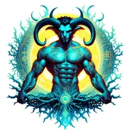 sexy gay male horned satyr with massive bodybuilder muscles flex. cyber tree roots, vines and constellations tattoo design idea