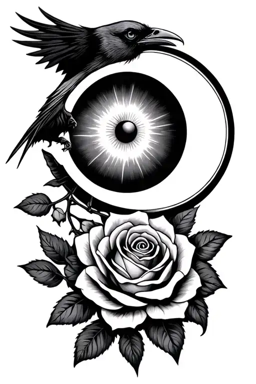 raven, crescent moon, roses, traditional evil eye tattoo design idea