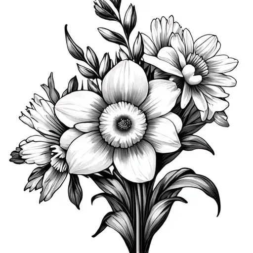 daffodil, aster, larkspur, and carnation flowers tattoo design idea