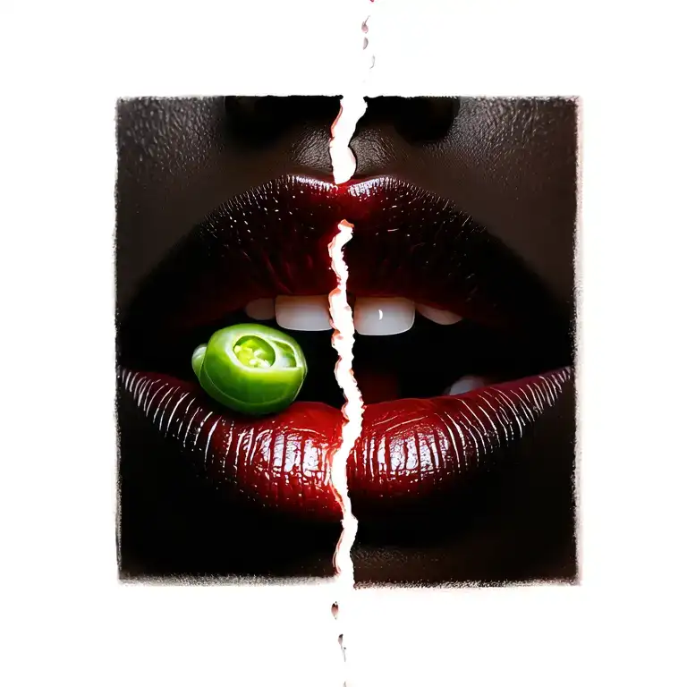 LIPS with 2 peas in a pod in it that split in half, one half on a person and the lips are different  tattoo design idea