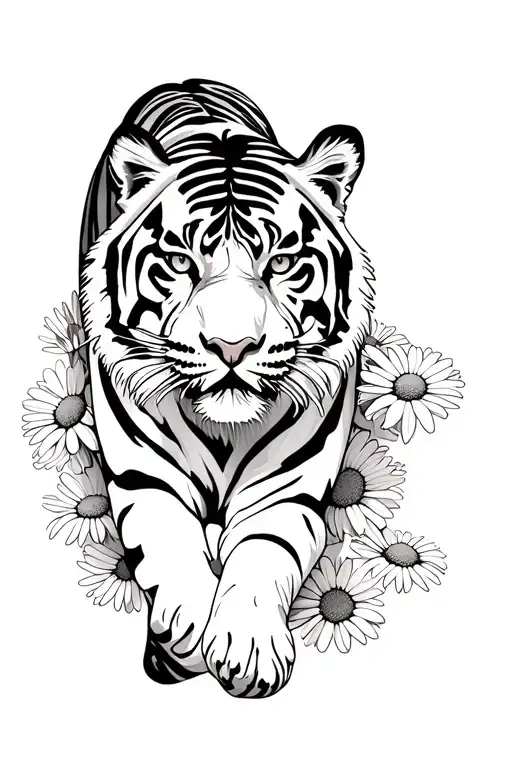 tiger walking in daisies tattoo design idea
