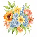 flowers including Orange Prairie lilies, hydrangeas, sunflowers, roses, carnations, delphiniums tattoo design idea