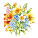 flowers including Orange Prairie lilies, hydrangeas, sunflowers, roses, carnations, delphiniums tattoo design idea