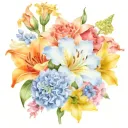 flowers including Orange Prairie lilies, hydrangeas, sunflowers, roses, carnations, delphiniums tattoo design idea