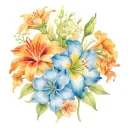 flowers including Orange Prairie lilies, hydrangeas, sunflowers, roses, carnations, delphiniums tattoo design idea