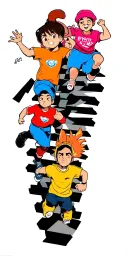 early 2000's Cartoon Network characters running down a checkered set of stairs down the arm tattoo design idea