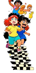 early 2000's Cartoon Network characters running down a checkered set of stairs down the arm tattoo design idea