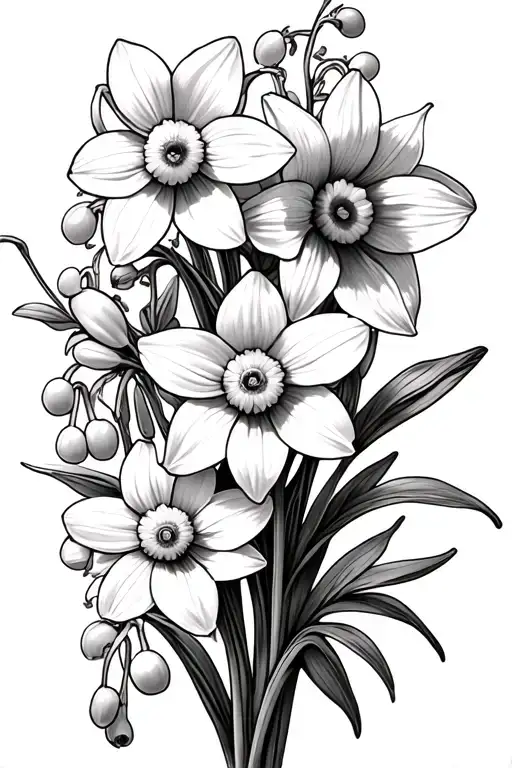 daffodils, daisies, lily of the valley, and larkspur flowers with little to no stems tattoo design idea