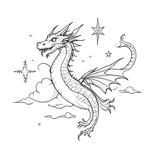  fairytale half-sleeve theme with dragons, moons, stars, clouds, but no fairies, include symbols from Greek Mythology tattoo design idea