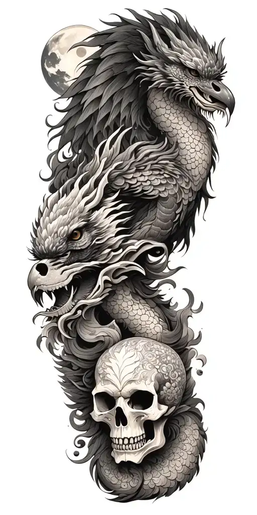 Chinese dragon and phoenix and skull and moon and raven tattoo design idea