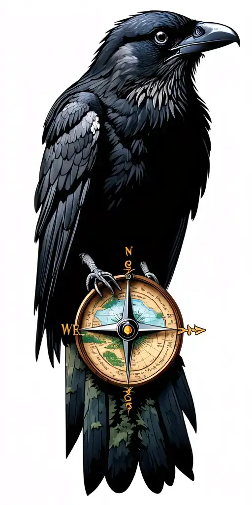 nature piece with a Crow, topographical map, compass, and forests and mountains tattoo design idea
