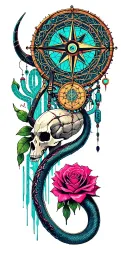 Metal, Southwest, Cactus, Dead Roses, Compass, Dreamcatcher, Cybernetic Snake, Longhorn skull tattoo design idea