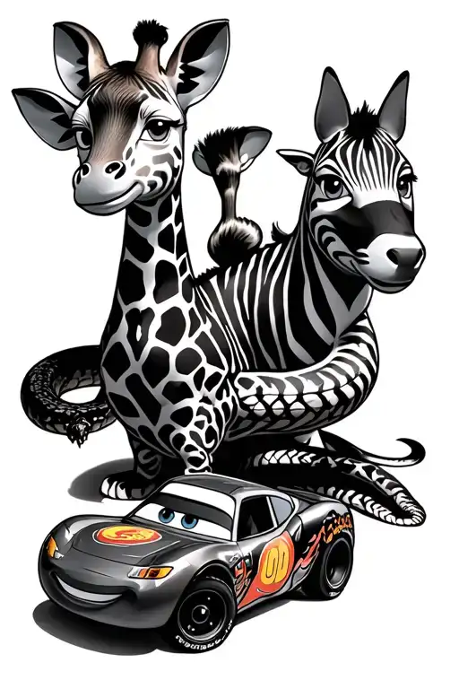 rattlesnake, giraffe, zebra, lightning McQueen and mater and Marie aristocats, all separate  tattoo design idea