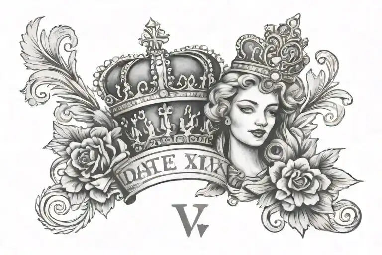 the date XIX V MMIX and a queen's crown tattoo design idea