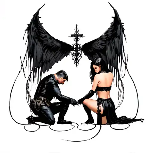 bdsm"With a dongeon, whips,collars," s&M scene with man kneeling worshiping at a sexy womans feet while she stands. tattoo design idea