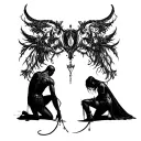 bdsm"With a dongeon, whips,collars," s&M scene with man kneeling worshiping at a sexy womans feet while she stands. tattoo design idea