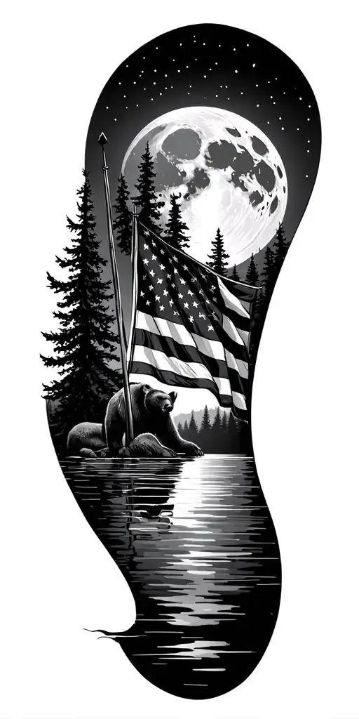 moon and American flag with trees and lake and a bear tattoo design idea