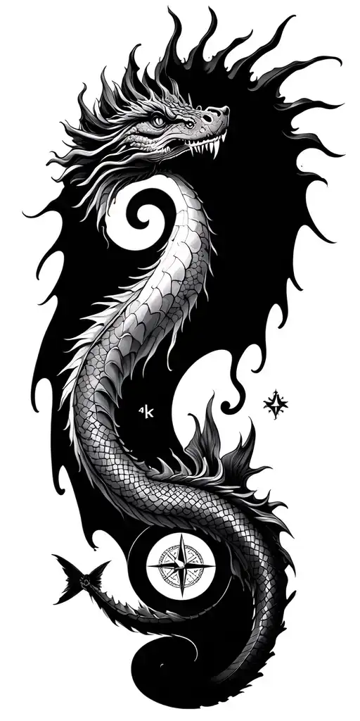 water dragon and nautical compass with penes and two yin yang fish tattoo design idea