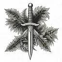 two swords crossed with ferns on the sides representing strength tattoo design idea