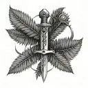 two swords crossed with ferns on the sides representing strength tattoo design idea
