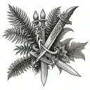 two swords crossed with ferns on the sides representing strength tattoo design idea