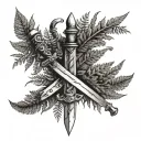 two swords crossed with ferns on the sides representing strength tattoo design idea