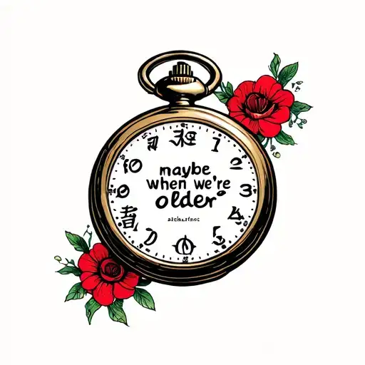 "maybe when we're older" pocket watch and large text tattoo design idea