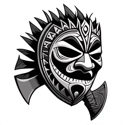 African tribal mask with a double sided axe tattoo design idea