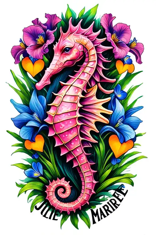 the name juliet marie with iris flowers, hearts, and a pink seahorse tattoo design idea